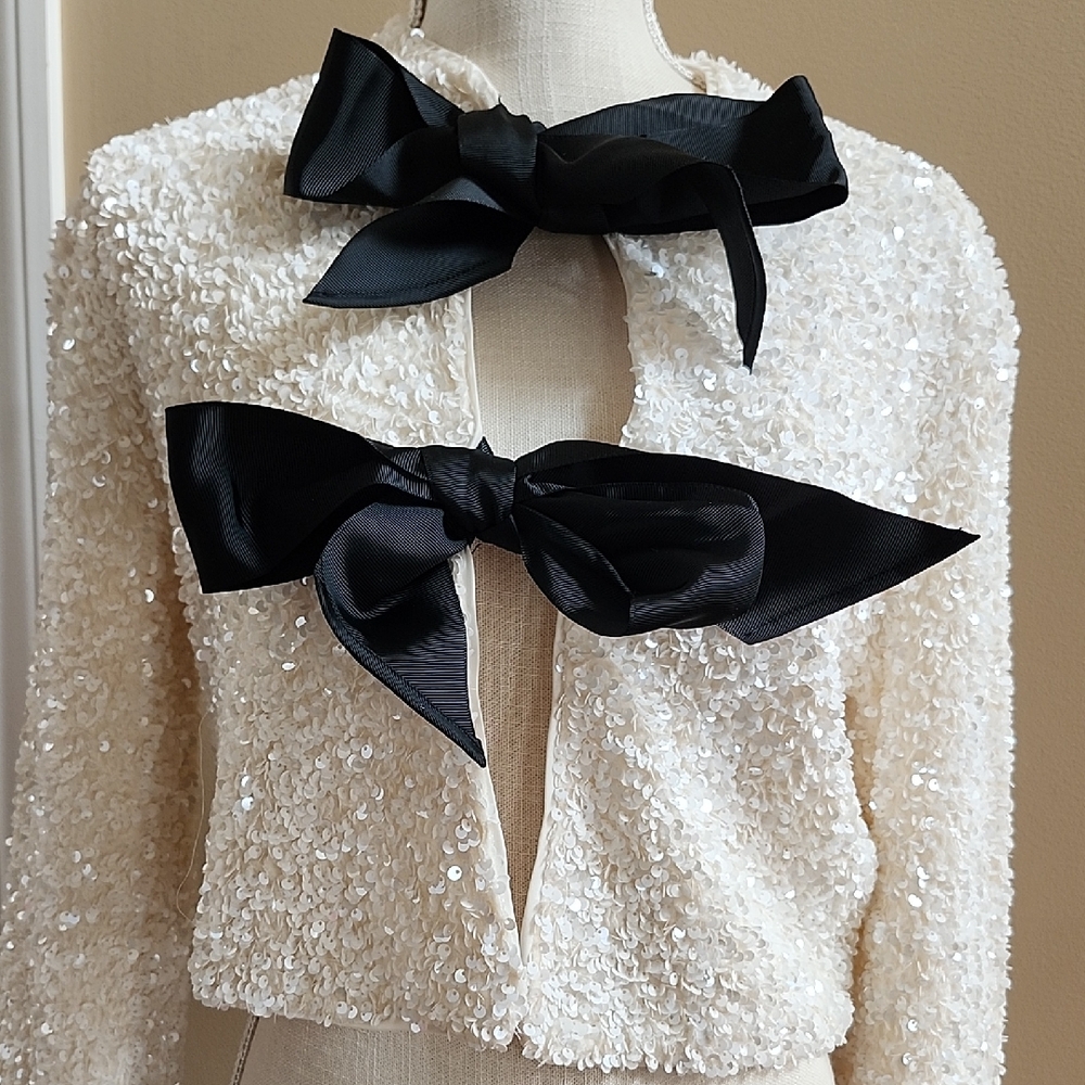 New Elegant Cream Sequin Jacket with Black Bows